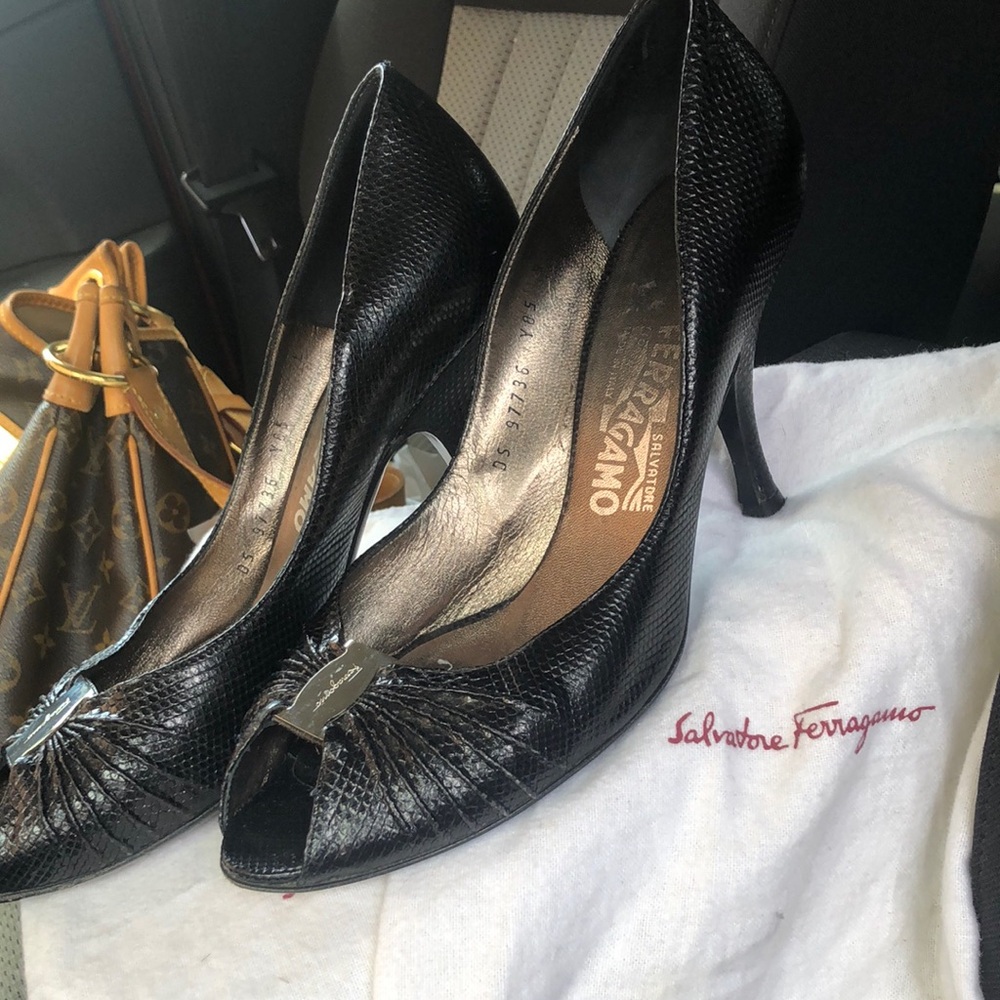 Salvatore Ferragamo Black Leather Heels with Pleated Detail